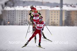 21.02.2016, Lahti, Finland (FIN): Eric Frenzel (GER), Fabian Riessle (GER), Akito Watabe (JPN), (l-r)  - FIS world cup nordic combined, individual gundersen HS130/10km, Lahti (FIN). www.nordicfocus.com. © Felgenhauer/NordicFocus. Every downloaded picture is fee-liable.