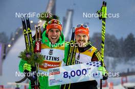 20.02.2016, Lahti, Finland (FIN): (l-r) Johannes Rydzek (GER), Fischer, Swix, Rottefella, Adidas and Fabian Riessle (GER), Fischer, One Way, Rottefella, Adidas - FIS world cup nordic combined, team sprint HS130/2x7.5km, Lahti (FIN). www.nordicfocus.com. © Laiho/NordicFocus. Every downloaded picture is fee-liable.