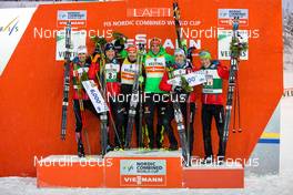 20.02.2016, Lahti, Finland (FIN): (l-r) Team Austria I (AUT) Lukas Klapfer (AUT), Salomon, Loeffler and Bernhard Gruber (AUT), Fischer, Leki, Rottefella, Loeffler, Team Germany Fabian Riessle (GER), Fischer, One Way, Rottefella, Adidas and Johannes Rydzek (GER), Fischer, Swix, Rottefella, Adidas and Team Austria II Philipp Orter (AUT), Fischer, Swix, Rottefella, Loeffler and Franz-Josef Rehrl (AUT) - FIS world cup nordic combined, team sprint HS130/2x7.5km, Lahti (FIN). www.nordicfocus.com. © Laiho/NordicFocus. Every downloaded picture is fee-liable.
