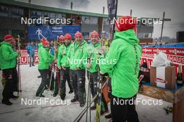 28.02.2016, Val di Fiemme, Italy (ITA): Germany celebrates with Eric Frenzel the victory of the World Cup   - FIS world cup nordic combined, individual gundersen HS134/10km, Val di Fiemme (ITA). www.nordicfocus.com. © Modica/NordicFocus. Every downloaded picture is fee-liable.
