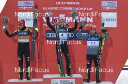 03.12.2016, Lillehammer, Norway (NOR): Johannes Rydzek (GER), Eric Frenzel (GER), Fabian Riessle (GER), (l-r) - FIS world cup nordic combined, individual gundersen HS100/10km, Lillehammer (NOR). www.nordicfocus.com. © THIBAUT/NordicFocus. Every downloaded picture is fee-liable.