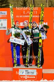 19.02.2016, Lahti, Finland (FIN): (l-r) Daniel-Andre Tande (NOR), Fischer, Michael Hayboeck (AUT), Fischer and Severin Freund (GER), Fischer - FIS world cup ski jumping, individual HS130, Lahti (FIN). www.nordicfocus.com. © Laiho/NordicFocus. Every downloaded picture is fee-liable.