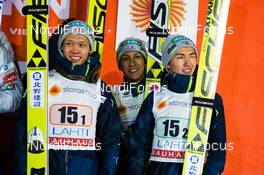 22.02.2016, Kuopio, Finland (FIN): (l-r) Taku Takeuchi (JPN), Fischer, Noriaki Kasai (JPN), Fischer and Kento Sakuyama (JPN), Fischer - FIS world cup ski jumping, team HS127, Kuopio (FIN). www.nordicfocus.com. © Laiho/NordicFocus. Every downloaded picture is fee-liable.