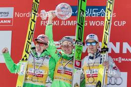 18.03.2016, Planica, Slovenia (SLO): Severin Freund (GER), Peter Prevc (SLO), Kenneth Gangnes (NOR), (l-r) - FIS world cup ski flying, cups, Planica (SLO). www.nordicfocus.com. © Modica/NordicFocus. Every downloaded picture is fee-liable.