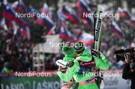 19.03.2016, Planica, Slovenia (SLO): Slovenian team celebrates his 2nd place (l-r)  - FIS world cup ski flying, team HS225, Planica (SLO). www.nordicfocus.com. © Modica/NordicFocus. Every downloaded picture is fee-liable.