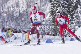 11.01.2017, Ruhpolding, Germany (GER): Scott Gow (CAN), Vladimir Chepelin (BLR), (l-r), (l-r) -  IBU world cup biathlon, relay men, Ruhpolding (GER). www.nordicfocus.com. © Manzoni/NordicFocus. Every downloaded picture is fee-liable.