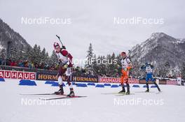 11.01.2017, Ruhpolding, Germany (GER): Christian Gow (CAN), Matej Kazar (SVK), Rene Zahkna (EST), (l-r), (l-r) -  IBU world cup biathlon, relay men, Ruhpolding (GER). www.nordicfocus.com. © Manzoni/NordicFocus. Every downloaded picture is fee-liable.