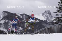 13.01.2017, Ruhpolding, Germany (GER): Ole Einar Bjoerndalen (NOR), Benedikt Doll (GER), (l-r) -  IBU world cup biathlon, sprint men, Ruhpolding (GER). www.nordicfocus.com. © Manzoni/NordicFocus. Every downloaded picture is fee-liable.