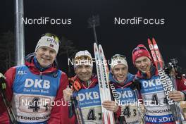 05.03.2017, Pyeong Chang, Korea (KOR): Vetle Sjastad Christiansen (NOR), Ole Einar Bjoerndalen (NOR), Vegard Gjermundshaug (NOR), Henrik L'abee-Lund (NOR), (l-r) -  IBU world cup biathlon, relay men, Pyeong Chang (KOR). www.nordicfocus.com. © Manzoni/NordicFocus. Every downloaded picture is fee-liable.