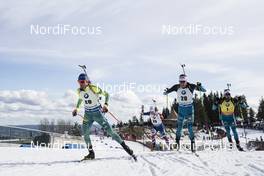 19.03.2017, Oslo, Norway (NOR): Fredrik Lindstroem (SWE), Quentin Fillon Maillet (FRA), Martin Fourcade (FRA), (l-r) -  IBU world cup biathlon, mass men, Oslo (NOR). www.nordicfocus.com. © Manzoni/NordicFocus. Every downloaded picture is fee-liable.