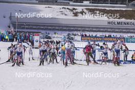 19.03.2017, Oslo, Norway (NOR): Emil Hegle Svendsen (NOR), Julian Eberhard (AUT), Benedikt Doll (GER), Anton Shipulin (RUS), Simon Schempp (GER), Ole Einar Bjoerndalen (NOR), Johannes Thingnes Boe (NOR), (l-r) -  IBU world cup biathlon, mass men, Oslo (NOR). www.nordicfocus.com. © Manzoni/NordicFocus. Every downloaded picture is fee-liable.