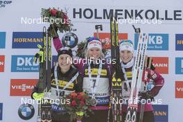 17.03.2017, Oslo, Norway (NOR): Justine Braisaz (FRA), Mari Laukkanen (FIN), Anais Bescond (FRA), (l-r) -  IBU world cup biathlon, sprint women, Oslo (NOR). www.nordicfocus.com. © Manzoni/NordicFocus. Every downloaded picture is fee-liable.