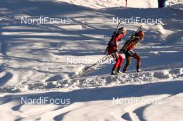 15.02.2017, Hochfilzen, Austria (AUT): Darya Domracheva (BLR), Laura Dahlmeier (GER) - IBU world championships biathlon, individual women, Hochfilzen (AUT). www.nordicfocus.com. © NordicFocus. Every downloaded picture is fee-liable.