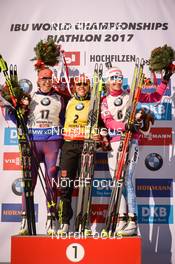 19.02.2017, Hochfilzen, Austria (AUT): Kaisa Makarainen (FIN), Susan Dunklee (USA), Laura Dahlmeier (GER) - IBU world championships biathlon, mass women, Hochfilzen (AUT). www.nordicfocus.com. © NordicFocus. Every downloaded picture is fee-liable.