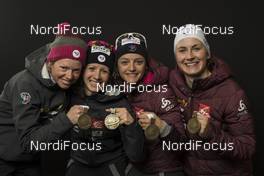 17.02.2017, Hochfilzen, Austria (AUT): Marie Dorin Habert (FRA), Anais Chevalier (FRA), Celia Aymonier (FRA), Justine Braisaz (FRA), (l-r) - IBU world championships biathlon, medals, Hochfilzen (AUT). www.nordicfocus.com. © NordicFocus. Every downloaded picture is fee-liable.