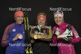 19.02.2017, Hochfilzen, Austria (AUT): Susan Dunklee (USA), Laura Dahlmeier (GER), Kaisa Makarainen (FIN), (l-r) - IBU world championships biathlon, medals, Hochfilzen (AUT). www.nordicfocus.com. © NordicFocus. Every downloaded picture is fee-liable.