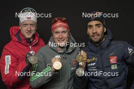 11.02.2017, Hochfilzen, Austria (AUT): Johannes Thingnes Boe (NOR), Benedikt Doll (GER), Martin Fourcade (FRA), (l-r) - IBU world championships biathlon, medals, Hochfilzen (AUT). www.nordicfocus.com. © NordicFocus. Every downloaded picture is fee-liable.