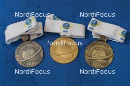09.02.2017, Hochfilzen, Austria (AUT): Event Feature: Silver, Gold and Bronce Medal - IBU world championships biathlon, medals, Hochfilzen (AUT). www.nordicfocus.com. © NordicFocus. Every downloaded picture is fee-liable.