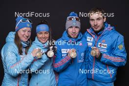 09.02.2017, Hochfilzen, Austria (AUT): Olga Podchufarova (RUS), Tatiana Akimova (RUS), Alexander Loginov (RUS), Anton Shipulin (RUS), (l-r) - IBU world championships biathlon, medals, Hochfilzen (AUT). www.nordicfocus.com. © NordicFocus. Every downloaded picture is fee-liable.