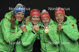 17.02.2017, Hochfilzen, Austria (AUT): Vanessa Hinz (GER), Maren Hammerschmidt (GER), Franziska Hildebrand (GER), Laura Dahlmeier (GER), (l-r) - IBU world championships biathlon, medals, Hochfilzen (AUT). www.nordicfocus.com. © NordicFocus. Every downloaded picture is fee-liable.