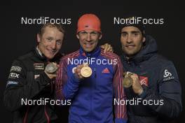 16.02.2017, Hochfilzen, Austria (AUT): Ondrej Moravec (CZE), Lowell Bailey (USA), Martin Fourcade (FRA), (l-r) - IBU world championships biathlon, medals, Hochfilzen (AUT). www.nordicfocus.com. © NordicFocus. Every downloaded picture is fee-liable.