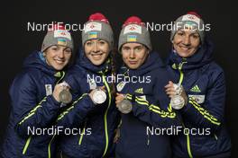 17.02.2017, Hochfilzen, Austria (AUT): Iryna Varvynets (UKR), Yuliia Dzhima (UKR), Anastasiya Merkushyna (UKR), Olena Pidhrushna (0), (l-r) - IBU world championships biathlon, medals, Hochfilzen (AUT). www.nordicfocus.com. © NordicFocus. Every downloaded picture is fee-liable.