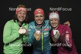 10.02.2017, Hochfilzen, Austria (AUT): Laura Dahlmeier (GER), Gabriela Koukalova (CZE), Anais Chevalier (FRA), (l-r) - IBU world championships biathlon, medals, Hochfilzen (AUT). www.nordicfocus.com. © NordicFocus. Every downloaded picture is fee-liable.