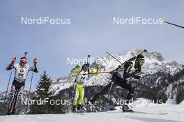12.02.2017, Hochfilzen, Austria (AUT): Simon Eder (AUT), Cornel Puchianu (ROU), Serafin Wiestner (SUI), (l-r) - IBU world championships biathlon, pursuit men, Hochfilzen (AUT). www.nordicfocus.com. © NordicFocus. Every downloaded picture is fee-liable.