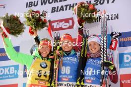 10.02.2017, Hochfilzen, Austria (AUT): Anais Chevalier (FRA), Laura Dahlmeier (GER), Gabriela Koukalova (CZE) - IBU world championships biathlon, sprint women, Hochfilzen (AUT). www.nordicfocus.com. © NordicFocus. Every downloaded picture is fee-liable.