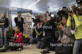 13.02.2017, Hochfilzen, Austria (AUT): Tanja Winterhalder (GER), marketing Fischer and a lot of photographers follow the press conference - IBU world championships biathlon, Fischer press conference, Hochfilzen (AUT). www.nordicfocus.com. © NordicFocus. Every downloaded picture is fee-liable.
