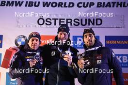 02.12.2017, Oestersund, Sweden, (SWE): Quentin Fillon Maillet (FRA), Johannes Thingnes Boe (NOR), Martin Fourcade (FRA) - IBU world cup biathlon, award and pricegiving ceremony, Oestersund (SWE). www.nordicfocus.com. © Tumashov/NordicFocus. Every downloaded picture is fee-liable.