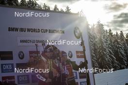 17.12.2017, Annecy-Le Grand Bornand, France (FRA): Johannes Thingnes Boe (NOR), Martin Fourcade (FRA), Erik Lesser (GER), (l-r) -  IBU world cup biathlon, mass men, Annecy-Le Grand Bornand (FRA). www.nordicfocus.com. © Manzoni/NordicFocus. Every downloaded picture is fee-liable.