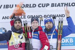 16.12.2017, Annecy-Le Grand Bornand, France (FRA): Martin Fourcade (FRA), Johannes Thingnes Boe (NOR), Anton Shipulin (RUS), (l-r) -  IBU world cup biathlon, pursuit men, Annecy-Le Grand Bornand (FRA). www.nordicfocus.com. © Manzoni/NordicFocus. Every downloaded picture is fee-liable.