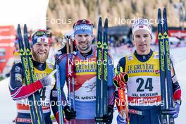 01.01.2017, Val Mustair, Switzerland (SUI): Martin Johnsrud Sundby (NOR), Sergey Ustiugov (RUS), Didrik Toenseth (NOR), (l-r) - FIS world cup cross-country, tour de ski, mass men, Val Mustair (SUI). www.nordicfocus.com. © Modica/NordicFocus. Every downloaded picture is fee-liable.
