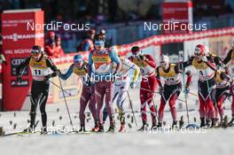 01.01.2017, Val Mustair, Switzerland (SUI): Dario Cologna (SUI), Andrey Larkov (RUS), Sergey Ustiugov (RUS), Emil Iversen (NOR), Alex Harvey (CAN), Didrik Toenseth (NOR), Martin Johnsrud Sundby (NOR), (l-r)  - FIS world cup cross-country, tour de ski, mass men, Val Mustair (SUI). www.nordicfocus.com. © Modica/NordicFocus. Every downloaded picture is fee-liable.