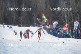 07.01.2017, Val di Fiemme, Italy (ITA): Heidi Weng (NOR), Ingvild Flugstad Oestberg (NOR), Stina Nilsson (SWE), Krista Parmakoski (FIN), Jessica Diggins (USA), Nathalie Von Siebenthal (SUI), (l-r)  - FIS world cup cross-country, tour de ski, mass women, Val di Fiemme (ITA). www.nordicfocus.com. © Modica/NordicFocus. Every downloaded picture is fee-liable.