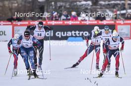 14.01.2017, Toblach, Italy (ITA): Sindre Bjoernestad Skar (NOR), Simeon Hamilton (USA), Johannes Hoesflot Klaebo (NOR), Federico Pellegrino (ITA), Jovian Hediger (SUI), Haavard Solaas Taugboel (NOR) - FIS world cup cross-country, individual sprint, Toblach (ITA). www.nordicfocus.com. © Thibaut/NordicFocus. Every downloaded picture is fee-liable.