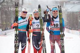 08.03.2017, Drammen, Norway (NOR): Johannes Hoesflot Klaebo (NOR), Eirik Brandsdal (NOR), Sergey Ustiugov (RUS), (l-r) - FIS world cup cross-country, individual sprint, Drammen (NOR). www.nordicfocus.com. © Rauschendorfer/NordicFocus. Every downloaded picture is fee-liable.