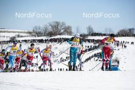 18.03.2017, Quebec, Canada (CAN): Alex Harvey (CAN), Lucas Chanavat (FRA), Simeon Hamilton (USA), Ristomatti Hakola (FIN), Finn Haagen Krogh (NOR), Sindre Bjoernestad Skar (NOR), (l-r)  - FIS world cup cross-country, mass men, Quebec (CAN). www.nordicfocus.com. © Modica/NordicFocus. Every downloaded picture is fee-liable.