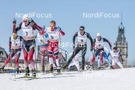 19.03.2017, Quebec, Canada (CAN): Sjur Roethe (NOR), Didrik Toenseth (NOR), Andrey Larkov (RUS), Sindre Bjoernestad Skar (NOR), Dario Cologna (SUI), Paal Golberg (NOR), (l-r)  - FIS world cup cross-country, pursuit men, Quebec (CAN). www.nordicfocus.com. © Modica/NordicFocus. Every downloaded picture is fee-liable.