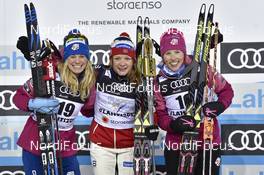 23.02.2017, Lahti, Finland (FIN): Jessica Diggins (USA), Maiken Caspersen Falla (NOR), Kikkan Randall (USA), (l-r) - FIS nordic world ski championships, cross-country, individual sprint, Lahti (FIN). www.nordicfocus.com. © Thibaut/NordicFocus. Every downloaded picture is fee-liable.