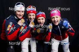 23.02.2017, Lahti, Finland (FIN): Marit Bjoergen (NOR), Astrid Uhrenholdt Jacobsen (NOR), Heidi Weng (NOR), Maiken Caspersen Falla (NOR), (l-r)  - FIS nordic world ski championships, cross-country, medals, Lahti (FIN). www.nordicfocus.com. © Modica/NordicFocus. Every downloaded picture is fee-liable.