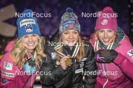 23.02.2017, Lahti, Finland (FIN): Jessica Diggins (USA), Maiken Caspersen Falla (NOR), Kikkan Randall (USA), (l-r) - FIS nordic world ski championships, cross-country, medals, Lahti (FIN). www.nordicfocus.com. © Modica/NordicFocus. Every downloaded picture is fee-liable.