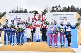 02.03.2017, Lahti, Finland (FIN): Stina Nilsson (SWE), Ebba Andersson (SWE), Anna Haag (SWE), Charlotte Kalla (SWE), Maiken Caspersen Falla (NOR), Heidi Weng (NOR), Marit Bjoergen (NOR), Aino-Kaisa Saarinen (FIN), Kerttu Niskanen (FIN), Laura Mononen (FIN), Krista Parmakoski (FIN), (l-r) - FIS nordic world ski championships, cross-country, 4x5km women, Lahti (FIN). www.nordicfocus.com. © Thibaut/NordicFocus. Every downloaded picture is fee-liable.