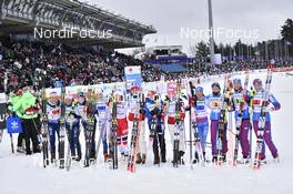 02.03.2017, Lahti, Finland (FIN): Anna Haag (SWE), Charlotte Kalla (SWE), Ebba Andersson (SWE), Stina Nilsson (SWE), Maiken Caspersen Falla (NOR), Astrid Uhrenholdt Jacobsen (NOR), Marit Bjoergen (NOR), Krista Parmakoski (FIN), Laura Mononen (FIN), Kerttu Niskanen (FIN), Aino-Kaisa Saarinen (FIN) - FIS nordic world ski championships, cross-country, 4x5km women, Lahti (FIN). www.nordicfocus.com. © Thibaut/NordicFocus. Every downloaded picture is fee-liable.