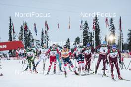 26.11.2017, Ruka, Finland (FIN): Alexey Poltoranin (KAZ), Calle Halfvarsson (SWE), Alex Harvey (CAN), Johannes Hoesflot Klaebo (NOR), Hans Christer Holund (NOR), Alexander Bolshunov (RUS), Alexey Chervotkin (RUS), Evgeniy Belov (RUS), (l-r)  - FIS world cup cross-country, pursuit men, Ruka (FIN). www.nordicfocus.com. © Modica/NordicFocus. Every downloaded picture is fee-liable.