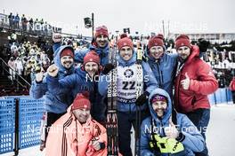 05.01.2018, Oberhof, Germany (GER): Tim Burke (USA) celebrates with his team -  IBU world cup biathlon, sprint men, Oberhof (GER). www.nordicfocus.com. © Manzoni/NordicFocus. Every downloaded picture is fee-liable.