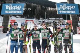 14.01.2017, Val di Fiemme, Italy (ITA): Tomas Portyk (CZE), Miroslav Dvorak (CZE), Espen Andersen (NOR), Joergen Graabak (NOR), Alessandro Pittin (ITA), Samuel Costa (ITA), (l-r)  - FIS world cup nordic combined, team sprint HS134/2x7.5km, Val di Fiemme (ITA). www.nordicfocus.com. © Modica/NordicFocus. Every downloaded picture is fee-liable.