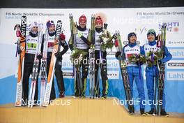 03.03.2017, Lahti, Finland (FIN): Krog Magnus (NOR), Hovdal Moan Magnus (NOR), Frenzel Eric (GER), Rydzek Johannes (GER), Watabe Yoshito (JPN), Watabe Akito (JPN), (l-r) - FIS nordic world ski championships, nordic combined, team sprint HS130/2x7.5km, Lahti (FIN). www.nordicfocus.com. © Modica/NordicFocus. Every downloaded picture is fee-liable.