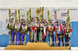 04.03.2017, Lahti, Finland (FIN): Anders Fannemel (NOR), Johann Andre Forfang (NOR), Daniel Andre Tande (NOR), Andreas Stjernen (NOR), Piotr Zyla (POL), Dawid Kubacki (POL), Maciej Kot (POL), Kamil Stoch (POL), Michael Hayboeck (AUT), Manuel Fettner (AUT), Gregor Schlierenzauer (AUT), Stefan Kraft (AUT), (l-r) - FIS nordic world ski championships, ski jumping, team HS130, Lahti (FIN). www.nordicfocus.com. © Thibaut/NordicFocus. Every downloaded picture is fee-liable.